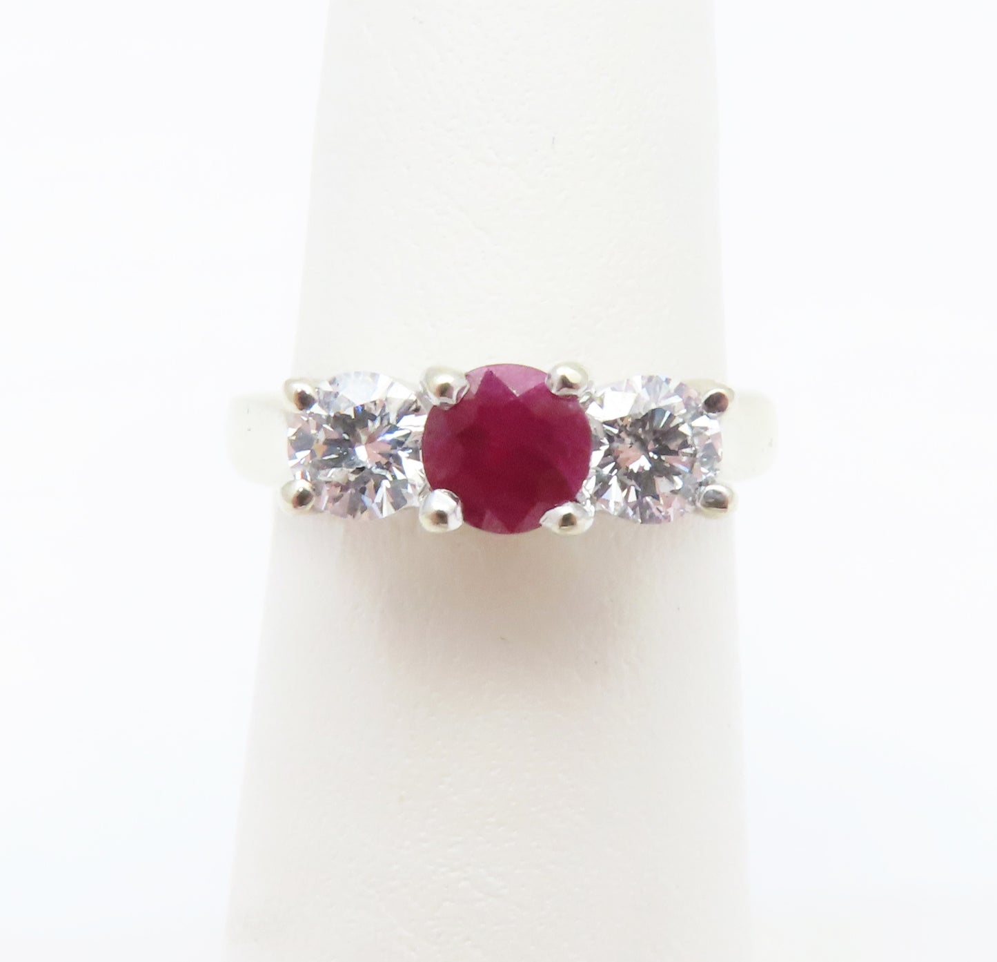 14K White Gold Ruby & ~1/2CTW Diamond 3-Stone Ring Size 5