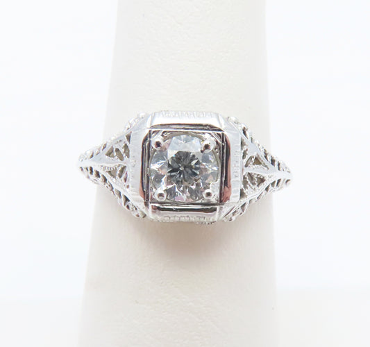 Vintage 18K White Gold ~0.58C Diamond Filigree Solitaire Ring Size 6.5