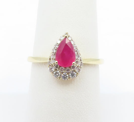 14K Yellow Gold Pear Shaped Ruby & ~1/8CTW Diamond Halo Ring Size 7