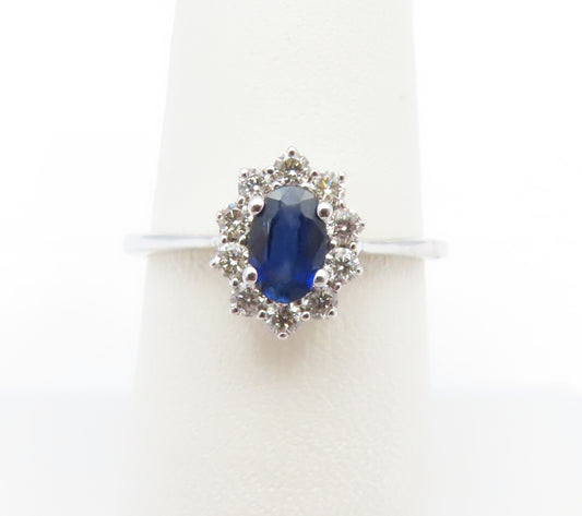 10K White Gold Oval Sapphire & ~1/4CTW Diamond Halo Ring Size 7