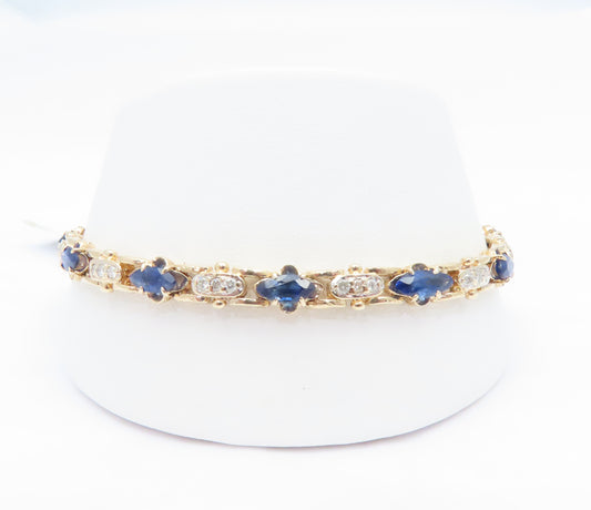 10K Yellow Gold Marquise Sapphire & ~1/2CTW Diamond Tennis Bracelet 7.25"