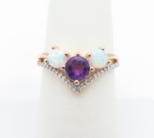 10K Rose Gold Amethyst, Opal, & Diamond Accent Chevron Ring Size 6.75