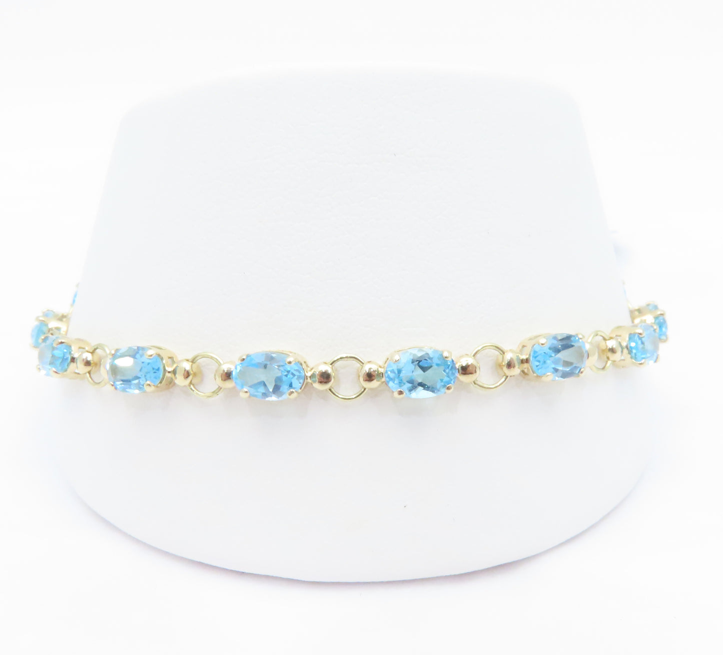 10K Yellow Gold Oval Blue Topaz Circle Link Bracelet 7.25"