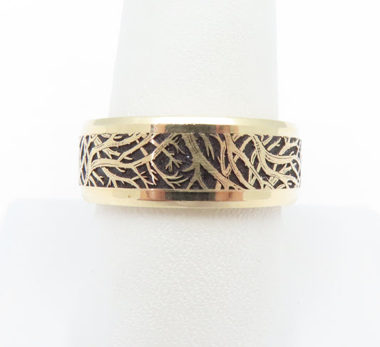 14K Yellow Gold ~8MM Wide Vine Detail Band Ring Size 9