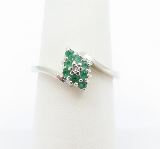 14K White Gold Emerald & Diamond Accent Cluster Bypass Ring Size 6