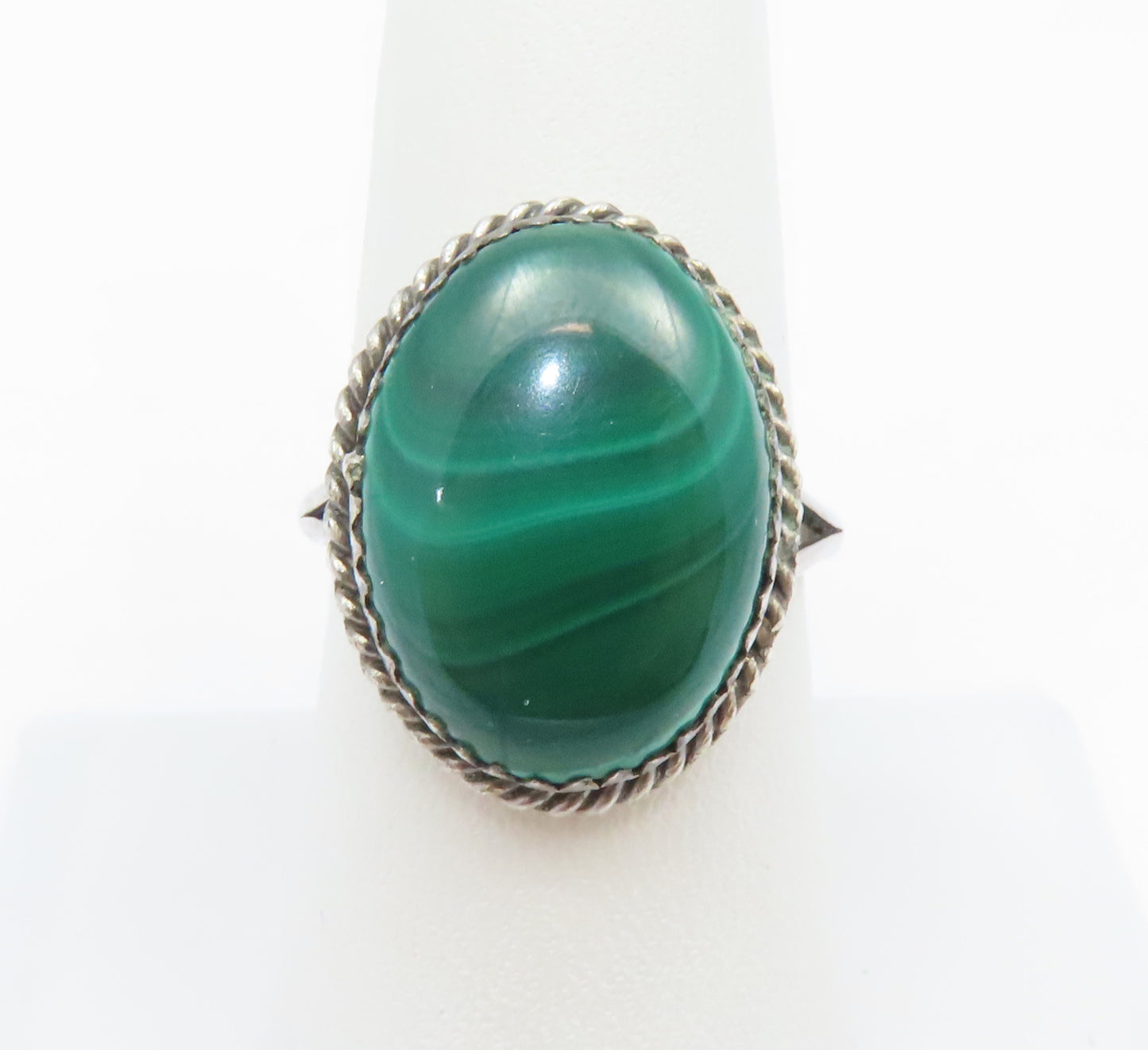 Sterling Silver Oval Bezel Set Malachite Ring Size 8.5