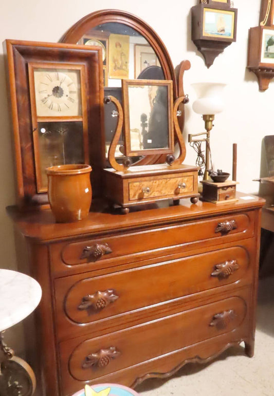 Walnut 3 Drawer Dresser with Carved Handles, Shaving Stand, Wood Clock