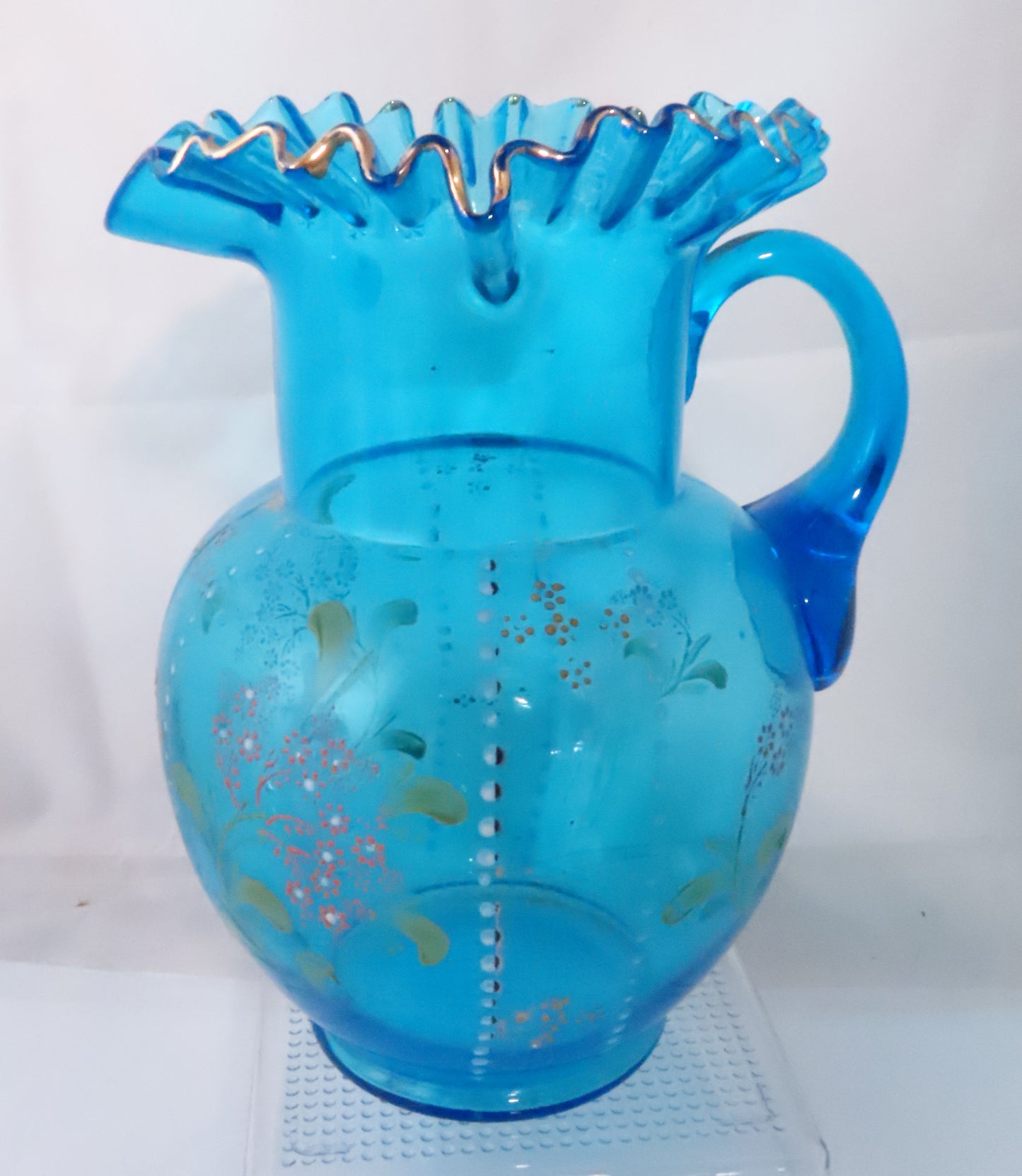 Vintage Hand Blown Blue Enamel Detail Pitcher