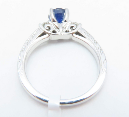 18k White Gold Round Blue Sapphire & Diamond 3 Stone Ring Size 7
