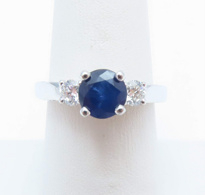 18k White Gold Round Blue Sapphire & Diamond 3 Stone Ring Size 7