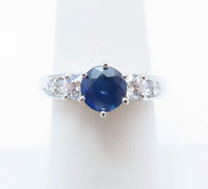 14k White Gold Round Blue Sapphire & Diamond Ring Size 6.5