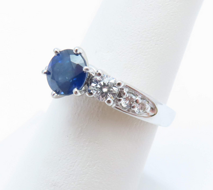 14k White Gold Round Blue Sapphire & Diamond Ring Size 6.5
