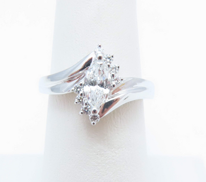 14k White Gold Marquise Center Diamond Ring Size 6