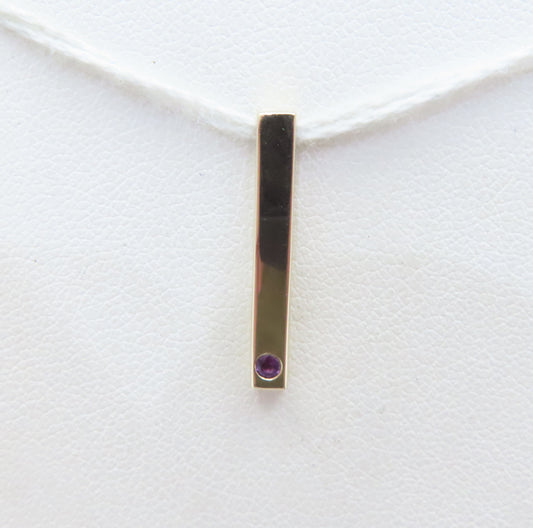 14K Yellow Gold Round Amethyst Accent Bar Pendant ~1"