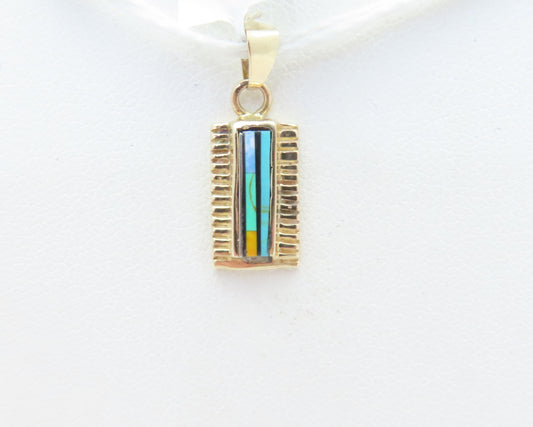 14K Yellow Gold Turquoise/Sodalite/Spiny Oyster Rectangle Pendant ~3/4"