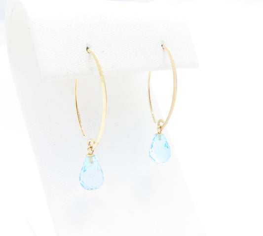 14K Yellow Gold Blue Topaz Briolette Threaded Style Dangle Earring