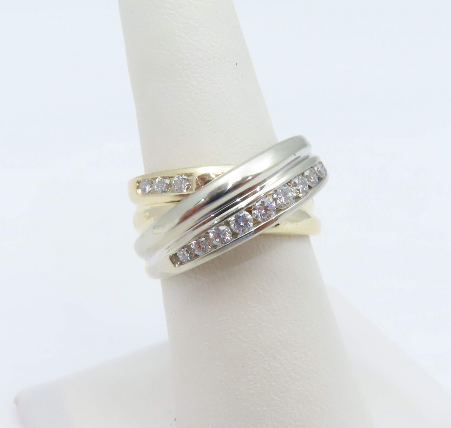 14k Two Tone ~1/2ctw Diamond Crossover Band Size 7