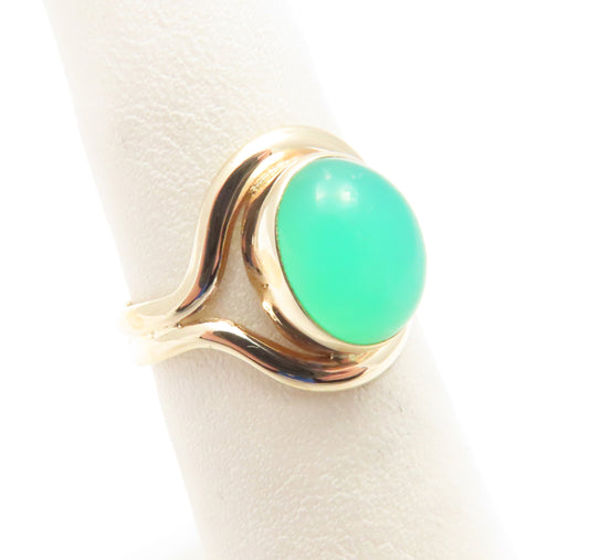 14K Yellow Gold ~10x8MM Oval Bezel Set Chrysoprase Split Shank Ring Size 5.75