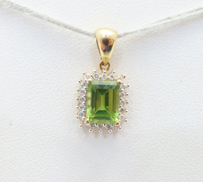 14K Yellow Gold Emerald Cut Peridot & Diamond Accent Halo Pendant