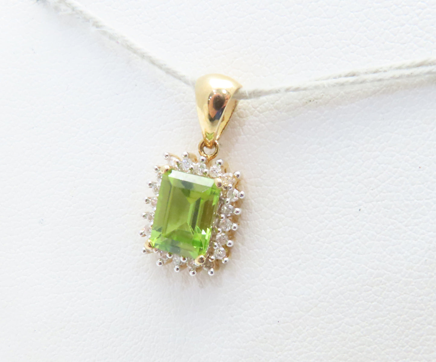 14K Yellow Gold Emerald Cut Peridot & Diamond Accent Halo Pendant