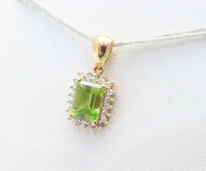 14K Yellow Gold Emerald Cut Peridot & Diamond Accent Halo Pendant