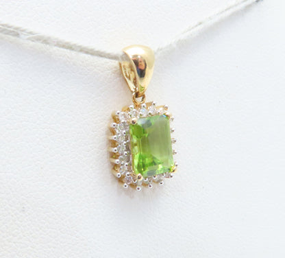 14K Yellow Gold Emerald Cut Peridot & Diamond Accent Halo Pendant