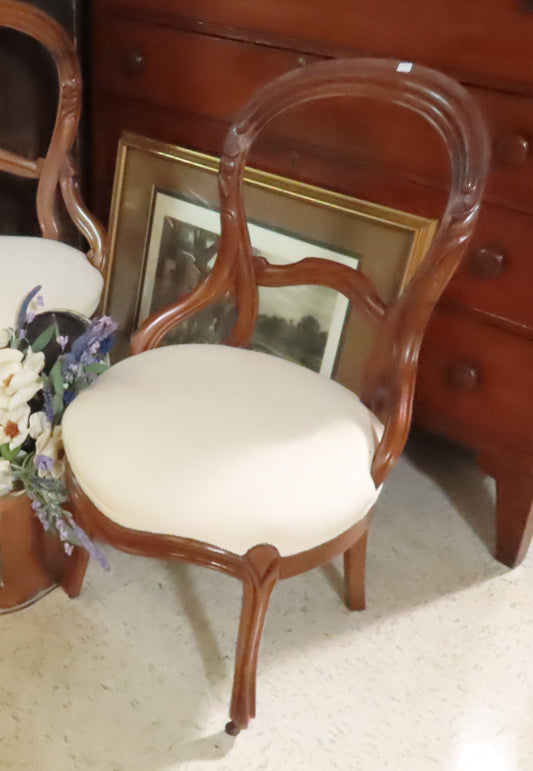 Victorian Carved Mahogany Back Ivory Fabric Cushion Chairs