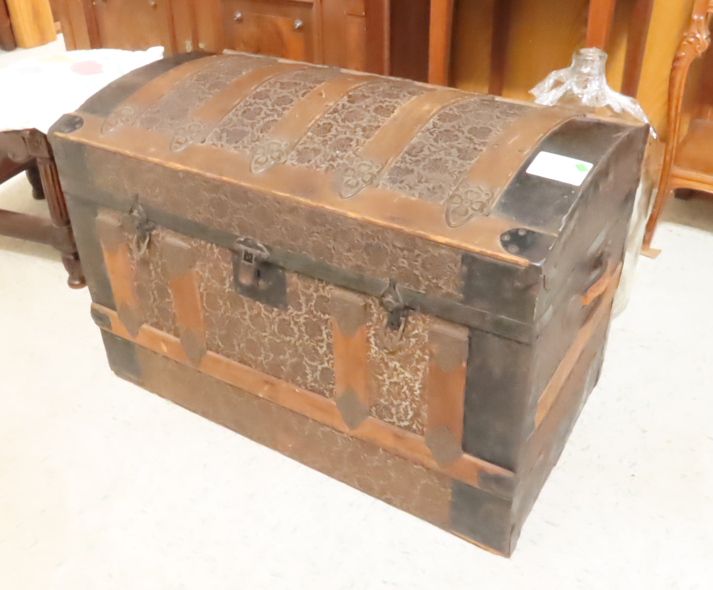Antique Multi Texture Camelback Steamer Back Trunk