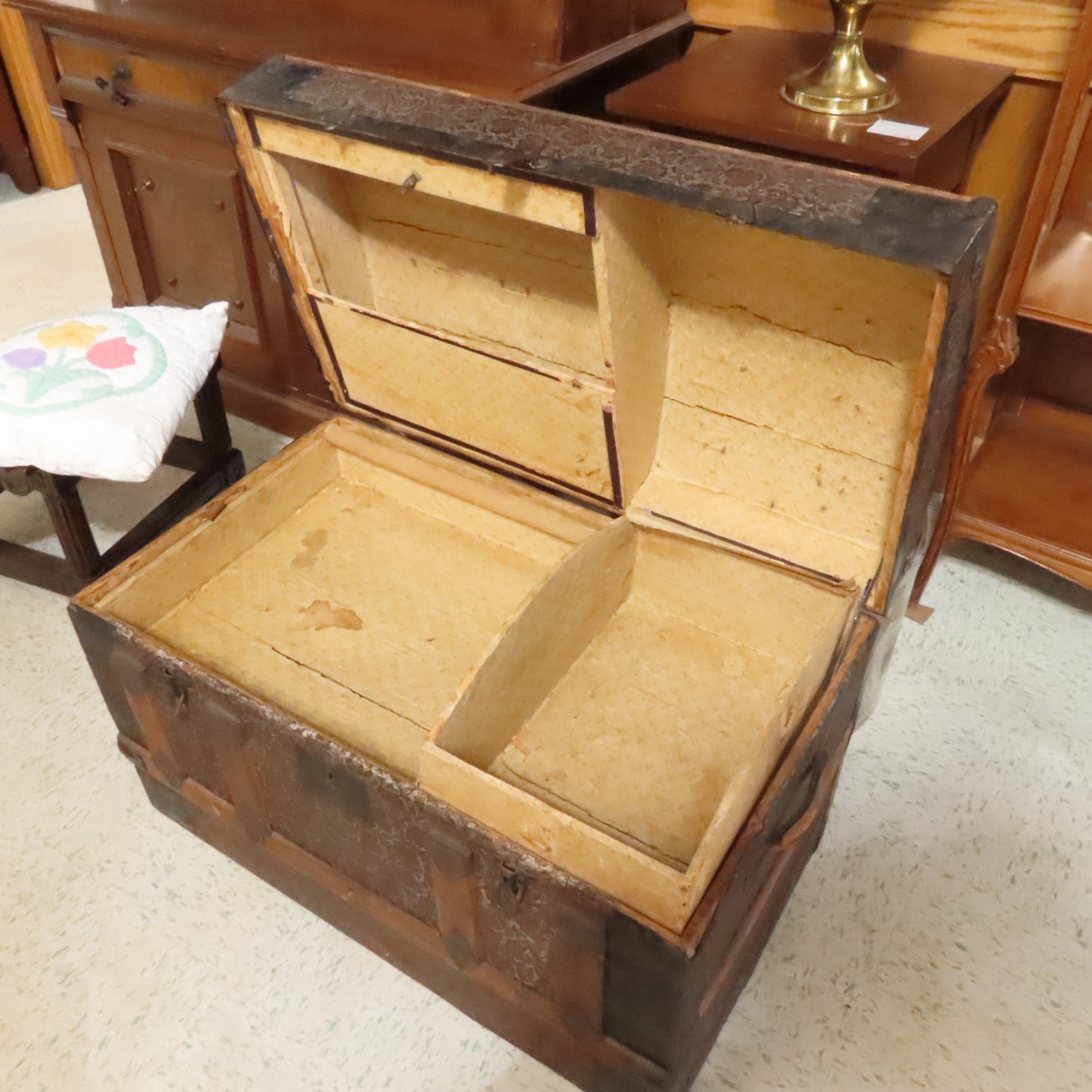 Antique Multi Texture Camelback Steamer Back Trunk