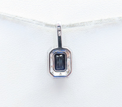 10K White Gold Emerald Cut Sapphire & Diamond Accent Halo Pendant
