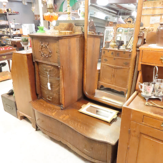 Vintage Oak Wood Original Finish Side by Side Dresser Long Mirror