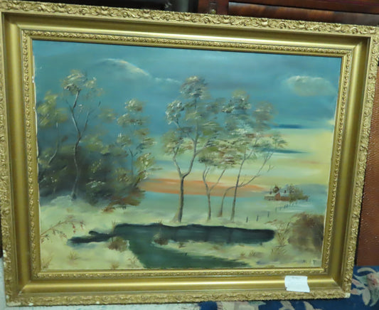 Vintage Hand Painted acrylic farm house river snow scene