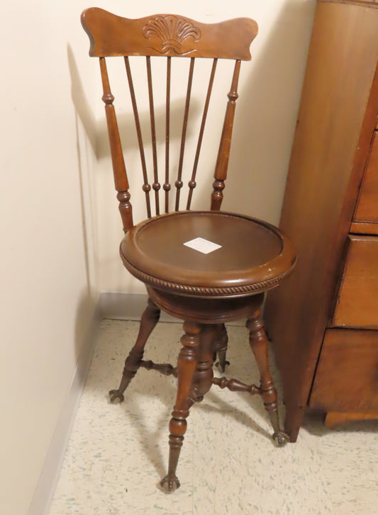 Vintage Adjustable Wood Piano Chair w/Claw Marble Feet
