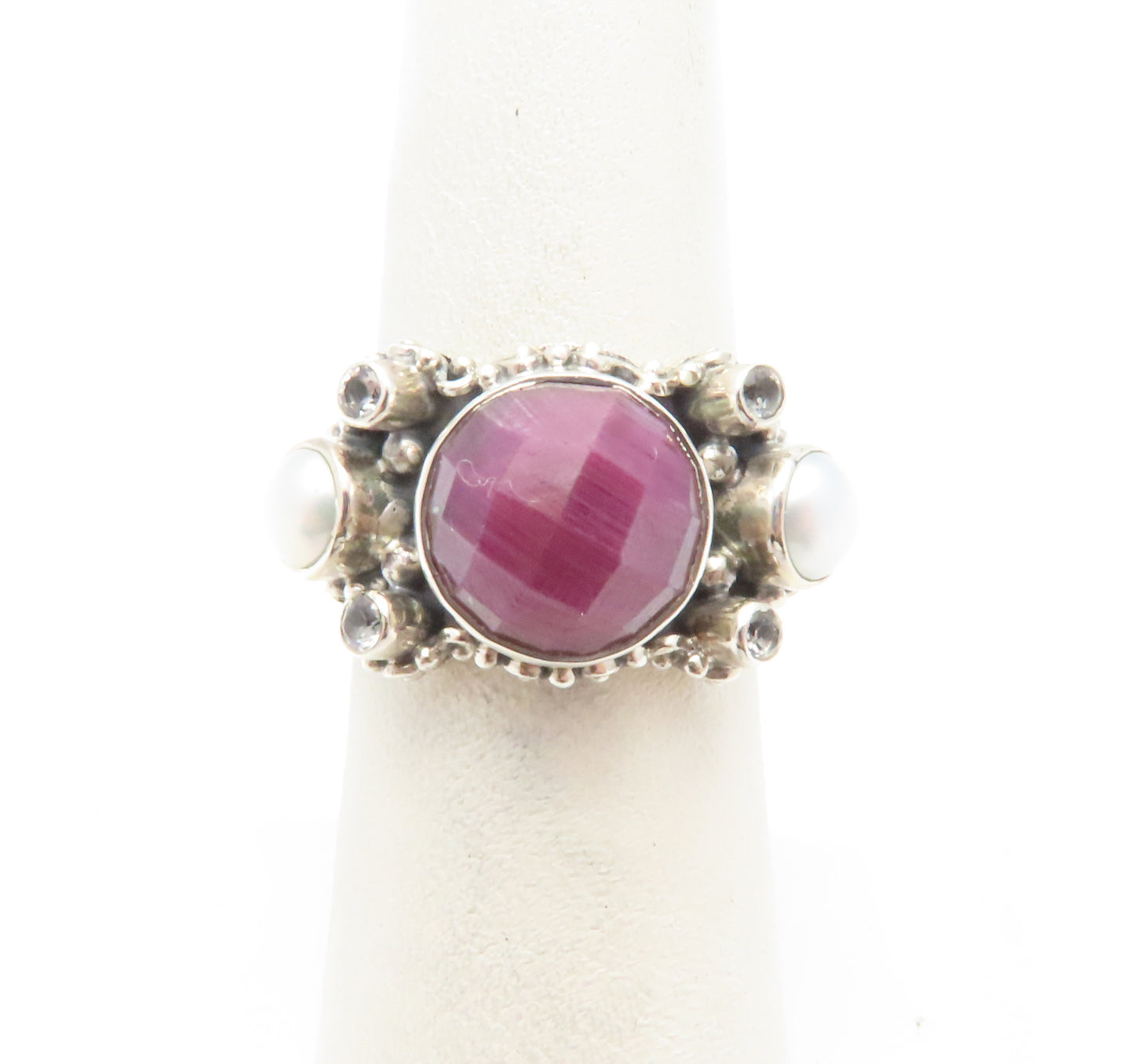 Sterling Silver Bezel-Set Ruby, Pearl, and White Topaz Ring Size 5.75
