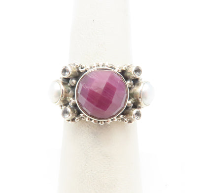 Sterling Silver Bezel-Set Ruby, Pearl, and White Topaz Ring Size 5.75