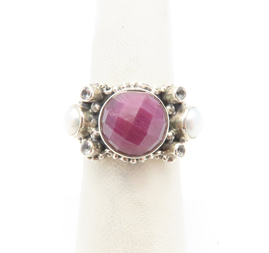 Sterling Silver Bezel-Set Ruby, Pearl, and White Topaz Ring Size 5.75