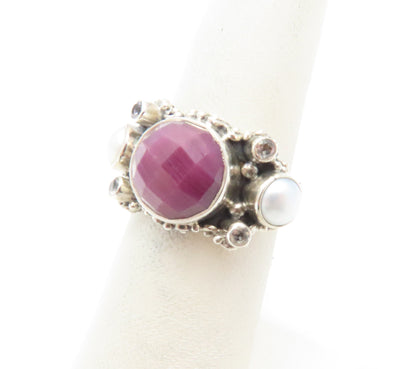 Sterling Silver Bezel-Set Ruby, Pearl, and White Topaz Ring Size 5.75