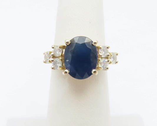 14k Yellow Gold ~10x8mm Sapphire & Diamond Ring Size 5