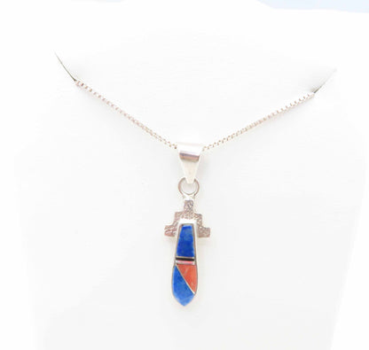 Signed Southwestern Sterling Silver Inlaid Multi-Gemstone Pendant Necklace 18"