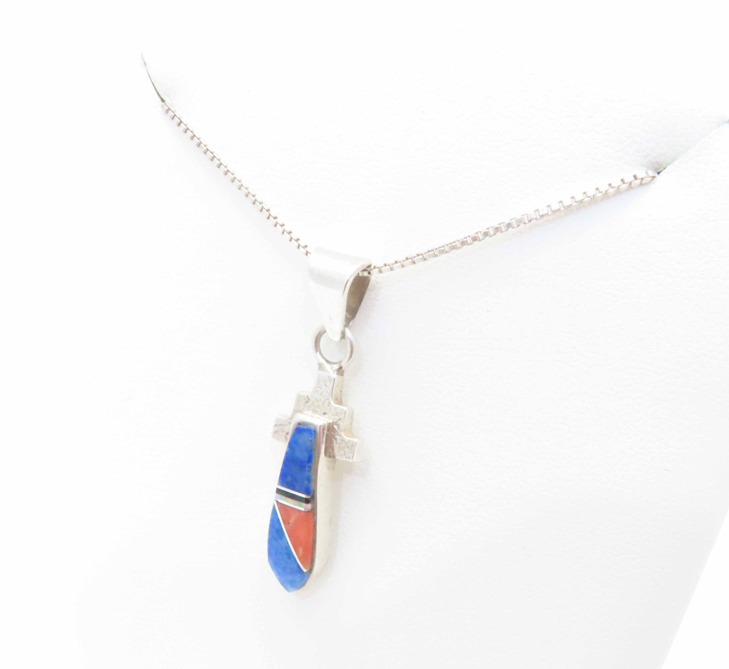 Signed Southwestern Sterling Silver Inlaid Multi-Gemstone Pendant Necklace 18"