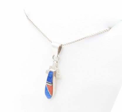 Signed Southwestern Sterling Silver Inlaid Multi-Gemstone Pendant Necklace 18"
