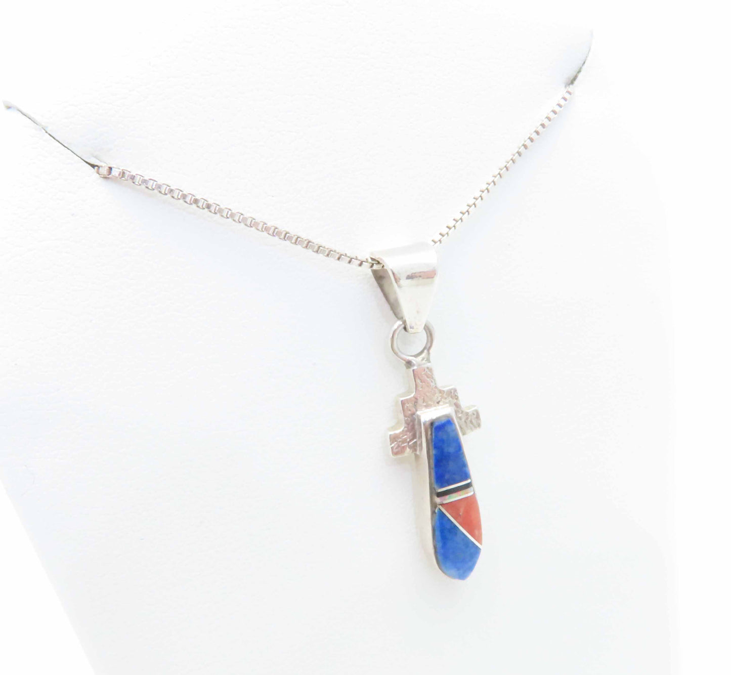 Signed Southwestern Sterling Silver Inlaid Multi-Gemstone Pendant Necklace 18"