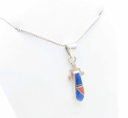 Signed Southwestern Sterling Silver Inlaid Multi-Gemstone Pendant Necklace 18"