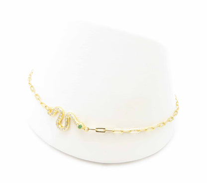 Sterling Silver Vermeil Green & White Cubic Zirconia Snake Bracelet