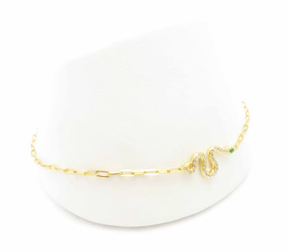 Sterling Silver Vermeil Green & White Cubic Zirconia Snake Bracelet