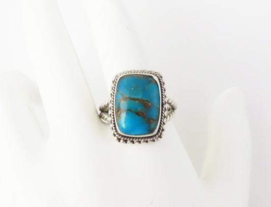 Southwestern Sterling Silver ~13x10mm Vibrant Blue Turquoise Ring Size 6.75