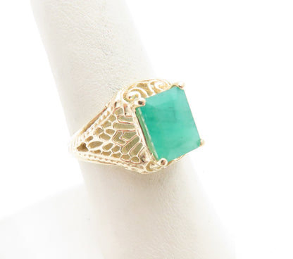 10K Yellow Gold ~9x7MM Emerald Cut Emerald Filigree Ring Size 7.75