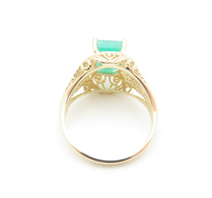 10K Yellow Gold ~9x7MM Emerald Cut Emerald Filigree Ring Size 7.75