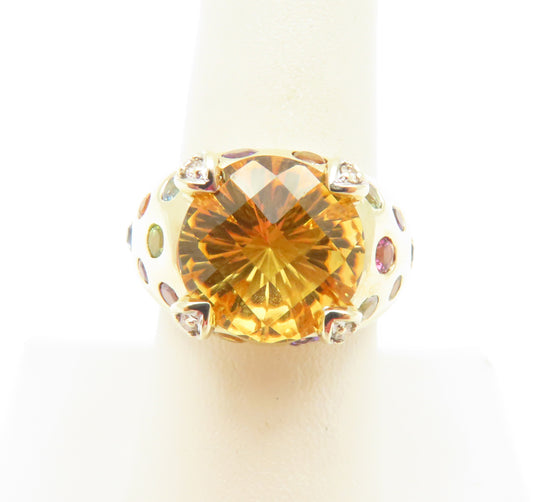 14K Yellow Gold ~12MM Citrine & Multi-Gemstone Cluster Ring Size 7