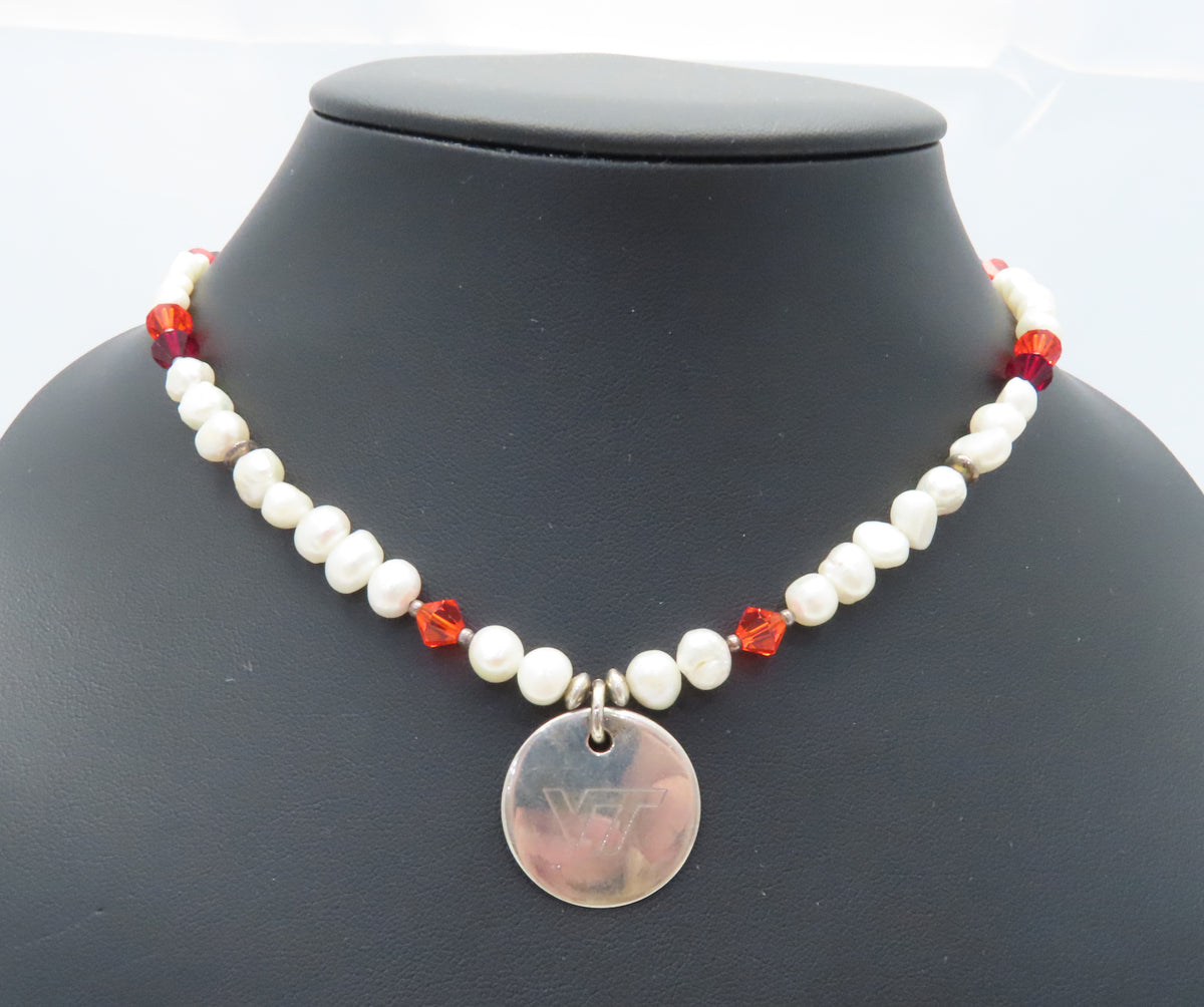 Sterling Silver Pearl & Glass Bead Virginia Tech Toggle Necklace 18"